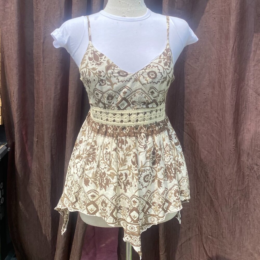 Asymmetric Boho Paisley Tank Top Lace Trim Halter Camisole Earthy Size S